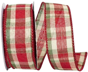 Christmas Plaid Wired Edge Ribbon --- 1 ½ inch x 10 yards --- Red / Green - Picture 1 of 3