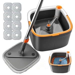 Spin Mop and Bucket Set with 8 Replaceable Microfiber Mop Pads with Self Sepa... - Picture 1 of 9