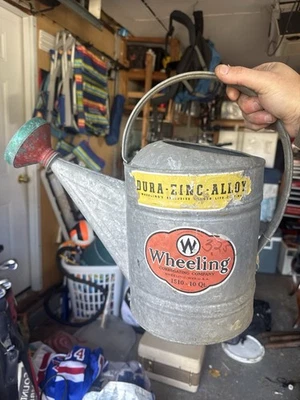 Vintage Wheeling 10 Qt Galvanized Watering Can Metal Sprinkler Head Paper Label - Image 1 of 4
