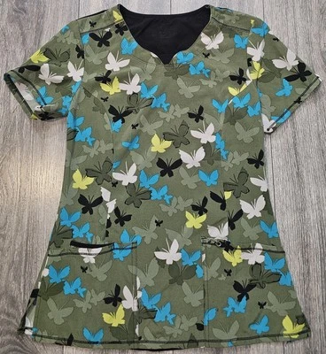 Cherokee Infinity Butterflies Patterned Scrub Top Multicolor Stretch Women’s XS - Image 1 of 4