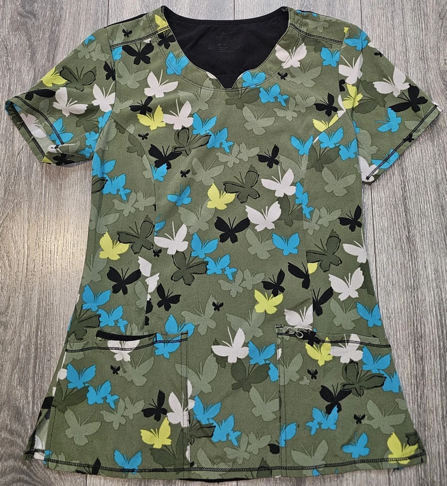 Cherokee Infinity Butterflies Patterned Scrub Top Multicolor Stretch Women’s XS - Image 1 of 4