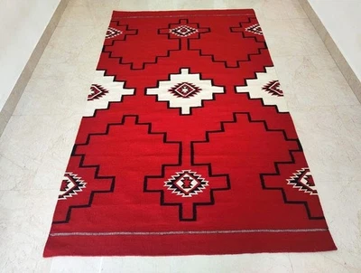 5×8 Ft Red  Southwest Navajo Kilim Wool Rug Native American style Aztec Area Rug - Image 1 of 4