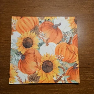 Two Single Beverage Napkins, Decoupage, Fall, Pumpkins, Sunflowers, 5 x 5 folded - Picture 1 of 2