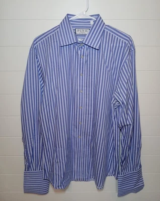 Thomas Pink Men’s Slim Fit Blue Striped Cotton Button-Down Shirt Size 17-35 - Image 1 of 4