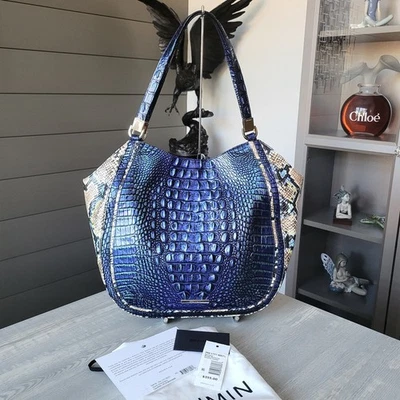 Bolso de Mano Brahmin Marianna Mirage Monterrey Exótico Metálico Azul Croc Pitón Cuero Foto 1 de 4