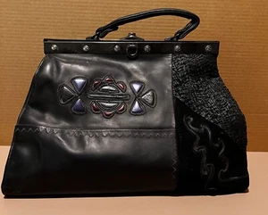 TRE ZETA Suede, Leather & Metal Black Hand Bag Top Handle Embroidered - Picture 1 of 13