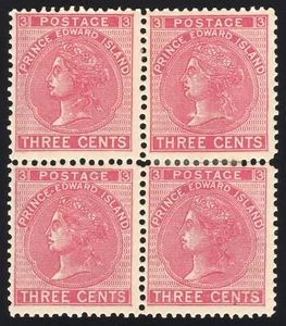 Prince Edward Island # 13iii - 1872, 3 cent DOT VARIETY NH in a block - Picture 1 of 2