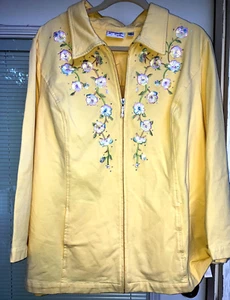 NWOT 2X Quacker Factory yellow Denim Jacket PINK BLUE EMBROIDARY FLOWERS #D05 - Picture 1 of 8