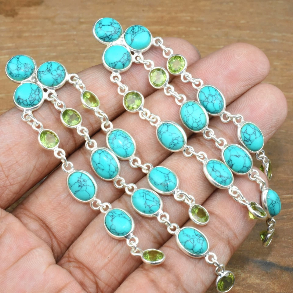 Turquoise & Peridot Chandelier Silver Earrings, Gemstone Earrings, Handmade Foto 1 de 1