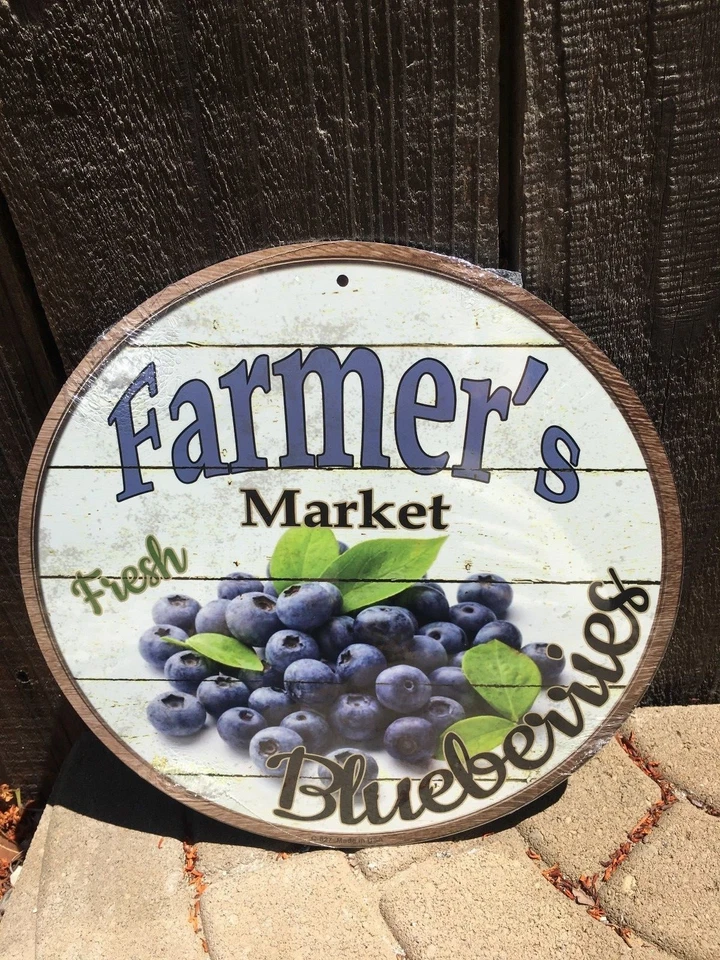 Farmers Market Fresh Blueberries Round Sign Tin Vintage Garage Bar Decor Rustic - Image 1 of 1