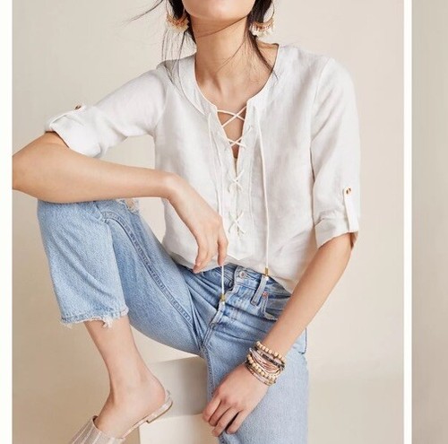 OFF WHITE Top stringato in lino Maeve By Anthropologie taglia 8 bianco sporco
