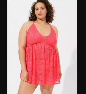 NWT Torrid Sz 1x 14 16 Simply Lace XO Front Floral Babydoll Neon Blush Lingerie - Bild 1 von 5