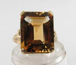 LARGE 9K 9CT GOLD NATURAL CITRINE EMERALD CUT 15mm x 12mm ART DECO INS RING - Picture 1 of 6