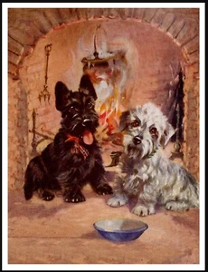 DANDIE DINMONT & SCOTTISH TERRIER DOGS & FIRE VINTAGE STYLE DOG ART PRINT POSTER - Picture 1 of 1