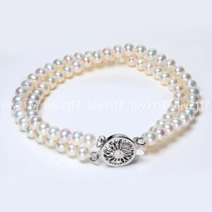 2 Rows Genuine Natural 5-6mm White Freshwater Cultured Pearl Bracelet 7.5" - Picture 1 of 5
