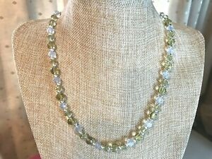 Handmade Beaded Necklace Pale Green and Milky White Glass Beads Silver Tone