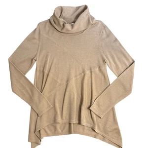 Donna Karan New York asymmetrischer Wollpullover mit Stehkragen leise Luxus hellbraun Medium - Bild 1 von 8