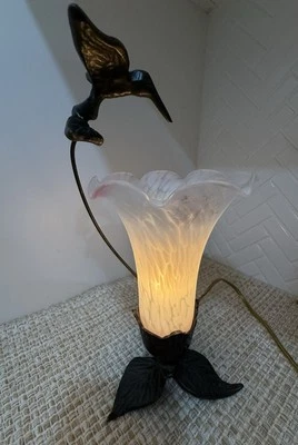 Cast Iron HUMMINGBIRD Lamp with Glass Trumpet Shade Accent Table Lamp Light - Image 1 of 4