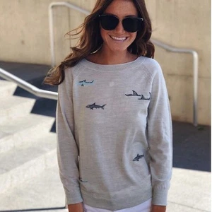 Maglione J Crew ricamato squalo donna M lana merino grigio spiaggia nautica - Foto 1 di 9