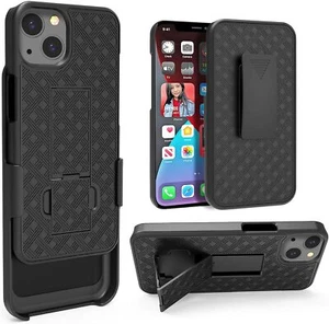 For iPhone 14 (6.1") - Black Holster Swivel Belt Clip Hard Kickstand Case Cover - Picture 1 of 6