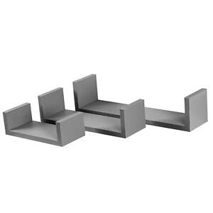 3x Grey U Shaped Floating Wooden Wall Shelf Bedroom Storage Lounge Shelves 