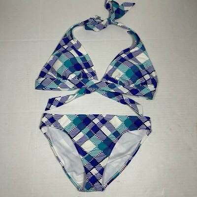 Conjunto de 2 piezas de traje de baño de bikini Catalina a cuadros azul blanco corbata halter top talla L y S Foto 1 de 4
