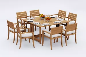 9-Piece Outdoor Teak Dining Set: 60" Butterfly Table, 8 Stacking Arm Chairs Trav - Picture 1 of 8