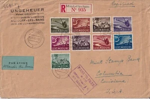 Luxembourg Mondorf reg. 1946 FDC airmail stamps to USA; Mi. 403-411 / Sc. C7-15 - Picture 1 of 2
