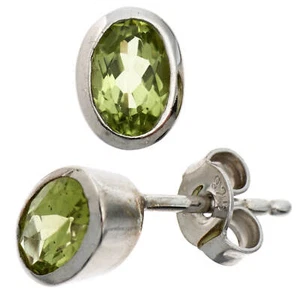 Earrings Stud with Real Peridot Green 925 Silver Oval Earrings Ladies - Picture 1 of 1