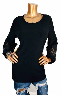 Blusa túnica Dennis Basso L Top elástica negra manga larga bordada cuello redondo Foto 1 de 4