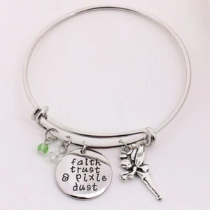 Tinker Bell Adjustable Womens Bangle Charm Bracelet Faith Trust & Pixie Dust NEW - Picture 1 of 3