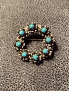 Mid Century Mexican Floral Sterling Silver Petit Point Turquoise Brooch/Pin EUC - Picture 1 of 8