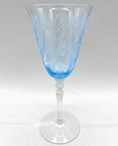 1930s Fostoria Kashmir Blue 8-1/4" Water Goblet Etched Glass Stemware 5099 - Picture 1 of 5