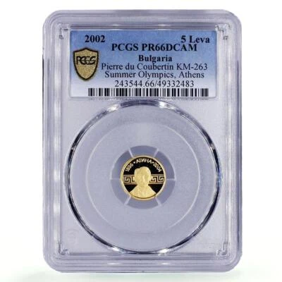 Bulgaria 5 leva Athens Olympic Games Pierre Coubertin PR66 PCGS gold coin 2002 - Image 1 of 2