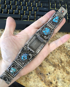 Wow! Old MK? Sterling Silver & Turquoise Navajo Watch Cuff Bracelet Size 7.5+