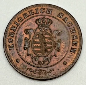 1863 B Saxony 1 Pfennig KM#1216 John I Copper German States XF EF Albertinian - Picture 1 of 2