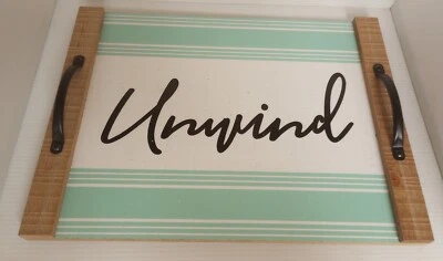 Modern Coastal Table Tray with Black Handles Wood White Mint Striped Says Unwind - Image 1 of 2
