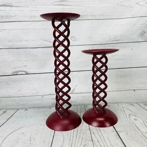 Two Vintage Metal Red Spiral Candle Holders 10” & 7” Candlesticks Barley Twist - Picture 1 of 10