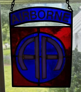 82nd Airborne Crest Handmade Stained Glass USA Red White Blue Sun Catcher - Picture 1 of 3