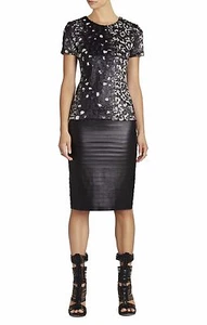 NEW BCBG BLACK GREY TULUM SHORT-SLEEVE COATED FAUX-FUR TOP DIR1Q422/S501A SZ XXS - Picture 1 of 3