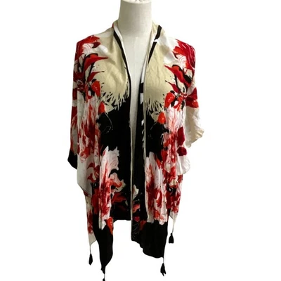 Vince Camuto Kimono Floral Topper Cobertura Espanador Vermelho Preto Branco Boêmio SO - Imagem 1 de 4