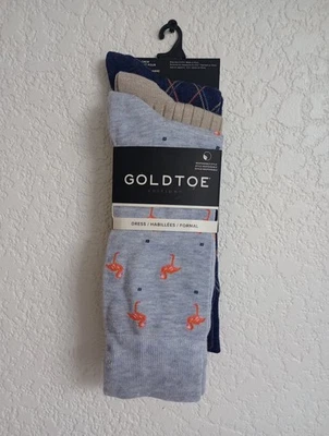 NOVO EM FOLHA MASCULINO TAMANHO 6-12.5 GOLDTOE PACOTE COM 3 FLAMINGOS DESIGN VESTIDO MEIA TRIPULAÇÃO - Imagem 1 de 3