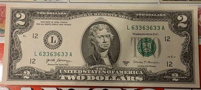 Uncirculated $2 Bill Ending with only 6 and 3 #'s Serial L63363633A  - Image 1 of 2