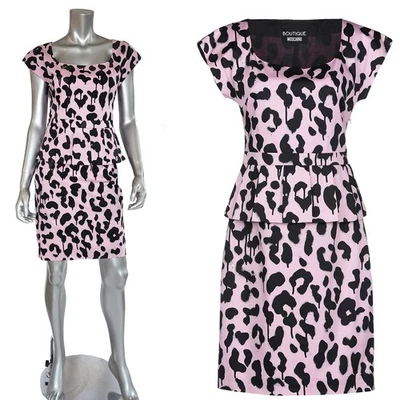 VESTIDO BOUTIQUE MOSCHINO ROSA ESTAMPA DE LEOPARDO ALGODÃO SAIA PEPLUM IT 40 EUA 6 - Imagem 1 de 4