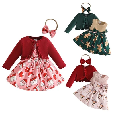 Baby Mädchen 3Piece Weihnachts Outfit Langarm Frilly Samt Cardigan mit Kleid - Bild 1 von 3