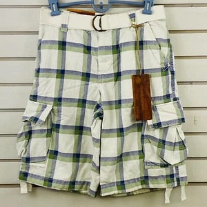 Youth Boys 16 Urban Pipeline Cargo Shorts Plaid Blue Green Belt 11" Inseam New - Picture 1 of 5