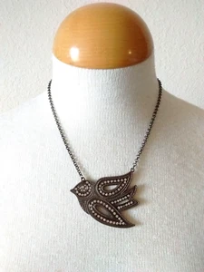 AEO American Eagle Outfitters Peace Dove Bird Necklace Gunmetal Gray Rhinestones - Picture 1 of 9