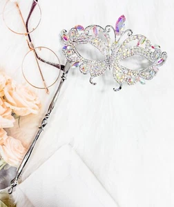 Crystal Mask with Stick, Prom Mask, Masquerade Ball Mask, Silver Wedding Mask - Picture 1 of 8