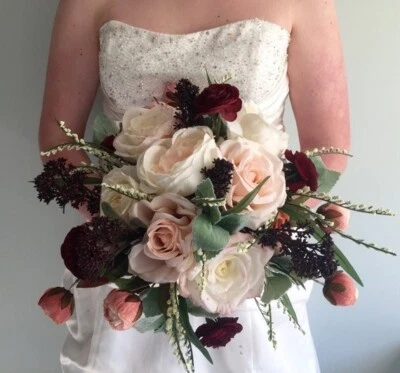 NEW Artificial Bride's Bouquet Peonies Roses Burgundy Peach White Sateen Wrapped - Image 1 of 4