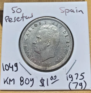 1975 (79) Spain 50 Ptas KM 809, circulated condition. Coin #1049 - Picture 1 of 2